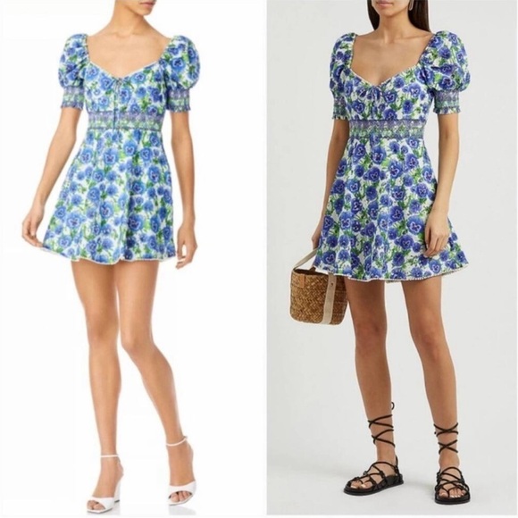 ALICE + OLIVIA Crawford Sweetheart Mini Dress Blue Floral Ruffle Eyelet - Picture 2 of 7